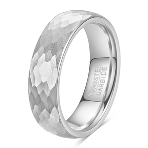 Men's 6mm silver tungsten ring with retro hammered fish scale texture and polished inner
