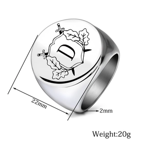Technical drawing of 22mm stainless steel signet ring showing 2mm thickness and 20g weight