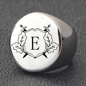 Polished stainless steel signet ring with engraved shield, swords and letter E motif