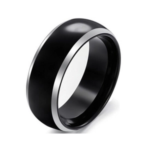 Polished 6mm stainless steel ring featuring a black center band and silver edges