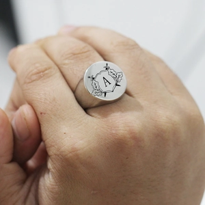 Men's 22mm stainless steel signet ring with shield, sword and letter A engraving