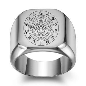 Square silver signet ring with engraved zodiac constellations and occult symbols