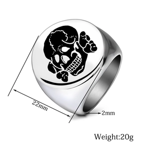 Detailed specs of the 22mm skull signet ring featuring 2mm band thickness and 20g weight