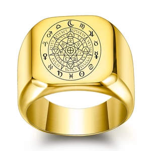 Vintage 304 Stainless Steel Square Signet Ring For Men Astrology Twelve Zodiac Alchemy Magic Circle Pattern Laser Engraved Finger Ring