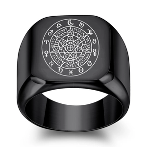 Matte black stainless steel square signet ring featuring engraved zodiac and celestial symbols