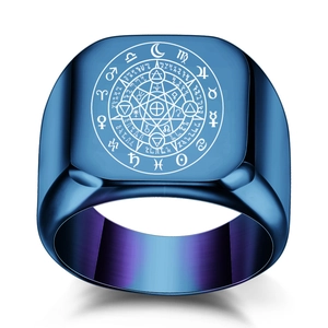 Blue stainless steel signet ring with engraved zodiac constellation dial and square face