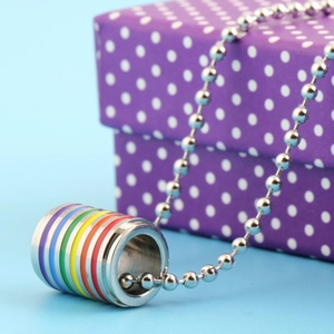 Rainbow striped cylinder pendant necklace in polished steel with a silver bead chain