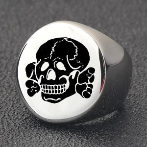 Polished silver stainless steel signet ring with black skull and crossbones design