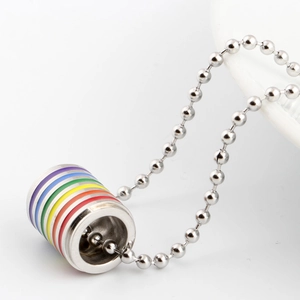 Rainbow striped cylinder pendant necklace in titanium steel with a silver bead chain