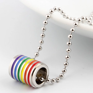 Close-up of rainbow striped cylinder pendant necklace made of durable stainless steel