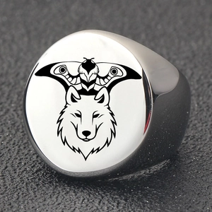 Detailed side view of punk stainless steel ring with laser eagle and wolf head pattern