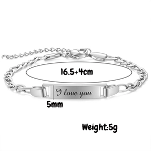 Detail showing 5mm adjustable stainless steel bar bracelet with I Love You engraving
