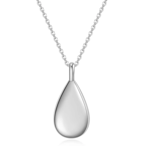 Polished silver teardrop urn pendant necklace for ashes in a minimalist fashion style