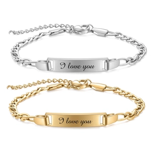 Stainless Steel I Love You Engraved ID Bar Bracelet For Kids Adjustable Figaro Chain Fashion Children Jewelry Gift