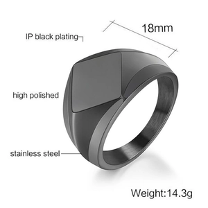Macro detail of 18mm black stainless steel signet ring with geometric diamond-cut top