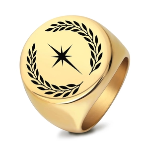 Men Vintage Stainless Steel Signet Ring Round Laser Engraved Laurel Wreath Star Pattern Punk Jewelry Steel Gold Black Rings