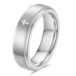 Anello in carburo di tungsteno argento 6mm con finitura spazzolata e croce incisa al laser