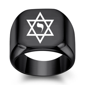 Matte black stainless steel signet ring with engraved Star of David and Hebrew symbol