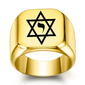 Vintage 304 Stainless Steel Star Of David Signet Ring Laser Engraved Hebrew Character Religious Hexagram Ring Jewelry For Men
