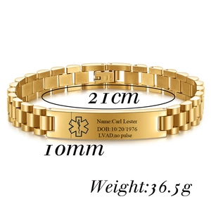 Macro shot of gold stainless steel medical alert bracelet with Star of Life engraving