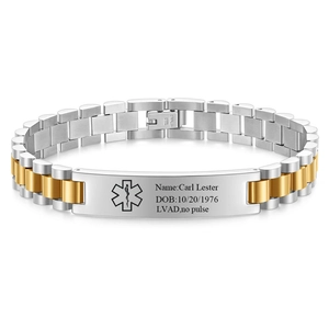 Polished silver and gold stainless steel medical ID bracelet with adjustable watch band