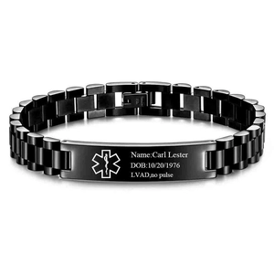 Customized black stainless steel medical alert bracelet with watch band style strap