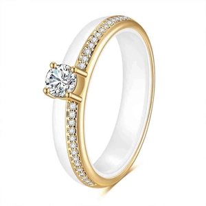 Minimalist white ceramic and gold ring with circular claw-set central cubic zirconia