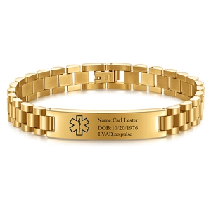 Custom gold stainless steel medical alert bracelet with engraved ID plate and watch band link