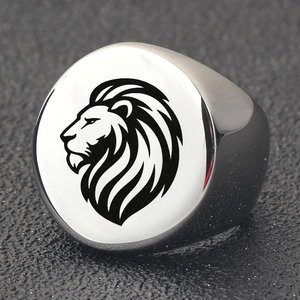 Macro view of 22mm stainless steel signet ring with laser-engraved lion head motif