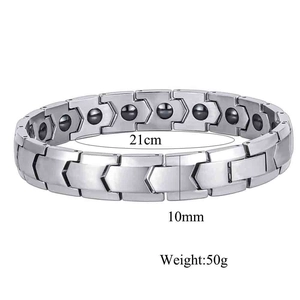 Detail view of 10mm stainless steel magnetic bracelet showing 21cm length and 50g weight
