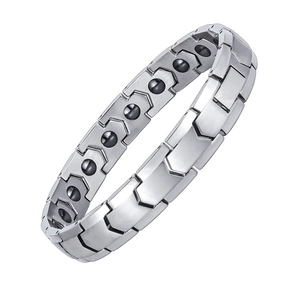 Polished stainless steel magnetic therapy bracelet with V-shaped arrow link design