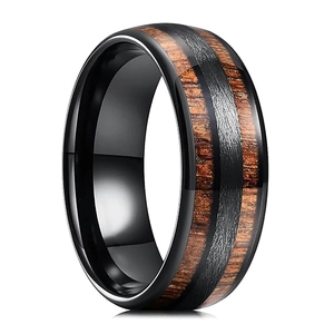 Anello da 8mm in acciaio inossidabile nero con doppio inserto in legno e fascia