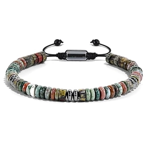 Detail view of woven bead bracelet with tiger eye stones and adjustable black cord