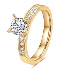 Detail view of 18K gold plated ring featuring crown setting with a large round cubic zirconia