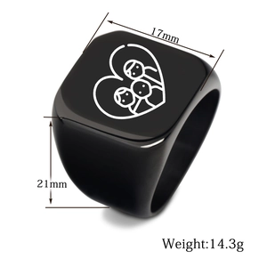 Macro detail of black square signet ring showing 17mm width and laser engraved family icons