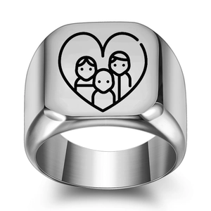 Custom silver square signet ring with engraved heart family pattern in polished steel