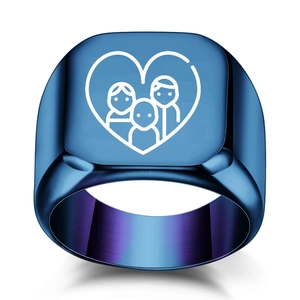Polished blue purple gradient signet ring with heart family engraving on white background