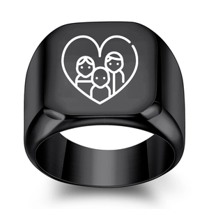 Polished black stainless steel signet ring featuring laser engraved family heart portrait
