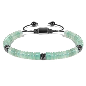 Adjustable tiger eye obsidian beaded bracelet with green wheel discs and black woven cord