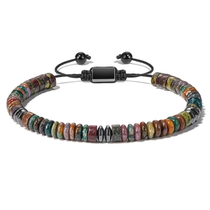Adjustable woven tiger eye and obsidian beaded bracelet with metallic spacers on white background