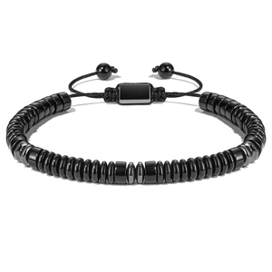Adjustable tiger eye and obsidian beaded bracelet with black woven cord and metal accents