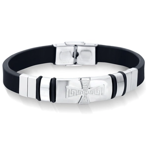 Herren Hip Hop Edelstahl Kreuz Armband Schwarz Silikon Armband Griechisches Schlüsselmuster Punk Stil Mode Schmuck Geschenk