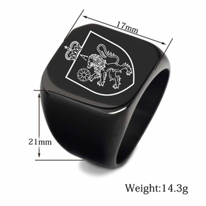 Polished black stainless steel signet ring with lion shield and crown engraving