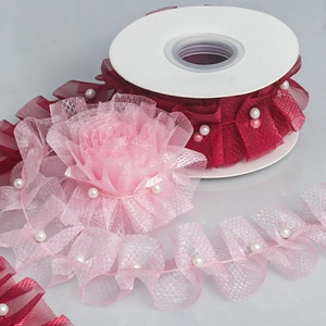 5cm pink and burgundy mesh lace ribbon with pleated texture and white pearl bead trim