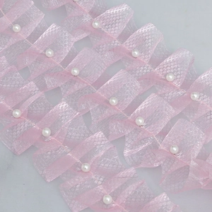 5cm pink ruffled organza lace trim with white faux pearl beads for DIY sewing crafts