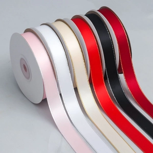Satin Ribbon With Gold Silver Metallic Edge For Gift Wrapping Flower Packaging DIY Hair Bows Polyester Decorative Ribbon