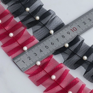 5cm ruffled lace trim with white pearls in black and dark red mesh for DIY hair accessories
