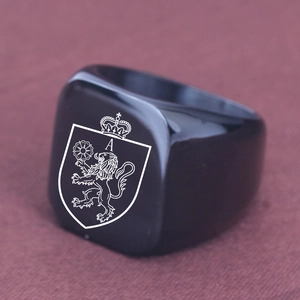 Men black signet ring featuring laser engraved lion shield crown and letter A