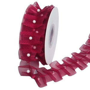 5cm burgundy ruffled mesh lace trim with faux pearls on white card spool for DIY crafts