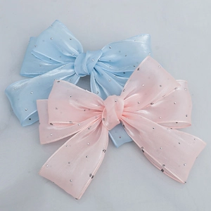 Détail de nœuds à cheveux en organza transparent avec strass en bleu clair et rose